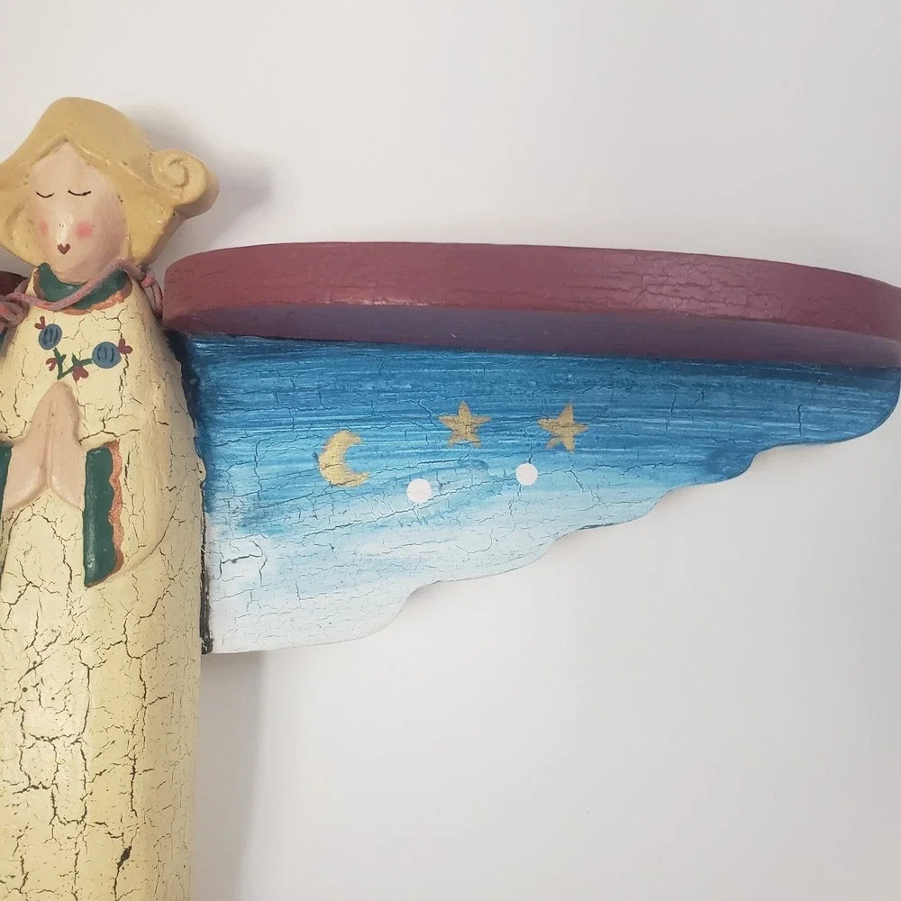 VTG Praying Angel Wood Wall Shelf Hand Painted Folk Art 17